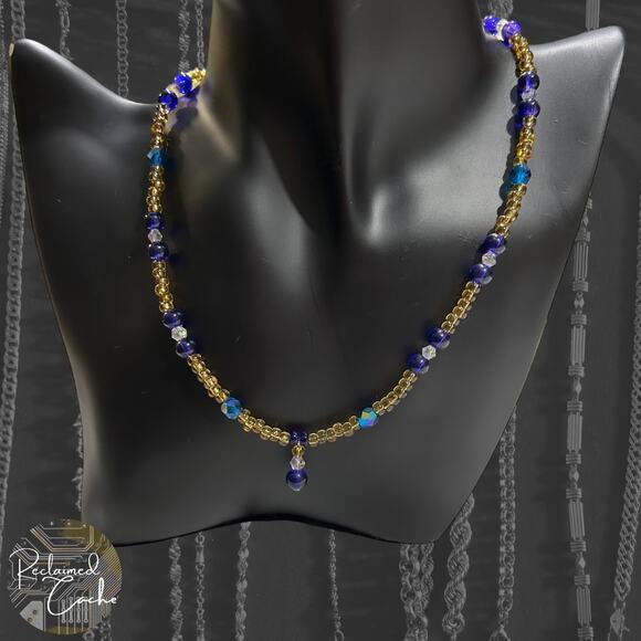 Gold and Blue Beaded Necklace - Picture 1 of 4